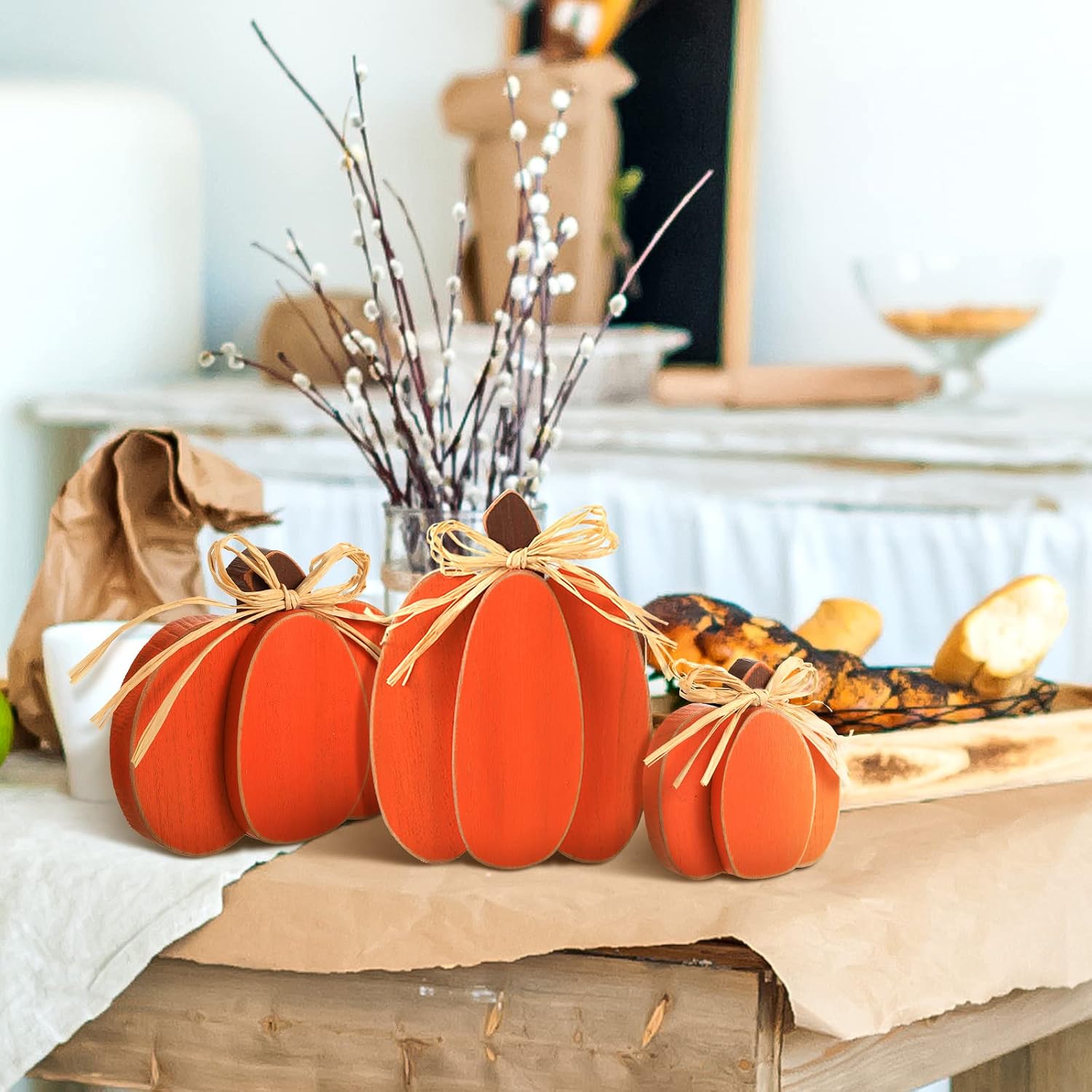 Ferraycle 3 Pcs Fall Pumpkin Decor Fall Wooden Signs 3D Pumpkin Tabletop Decor Farmhouse Sign Rustic Tiered Tray Decorations Block Centerpieces Standing Sign for Home Kitchen Harvest(Classic Color)