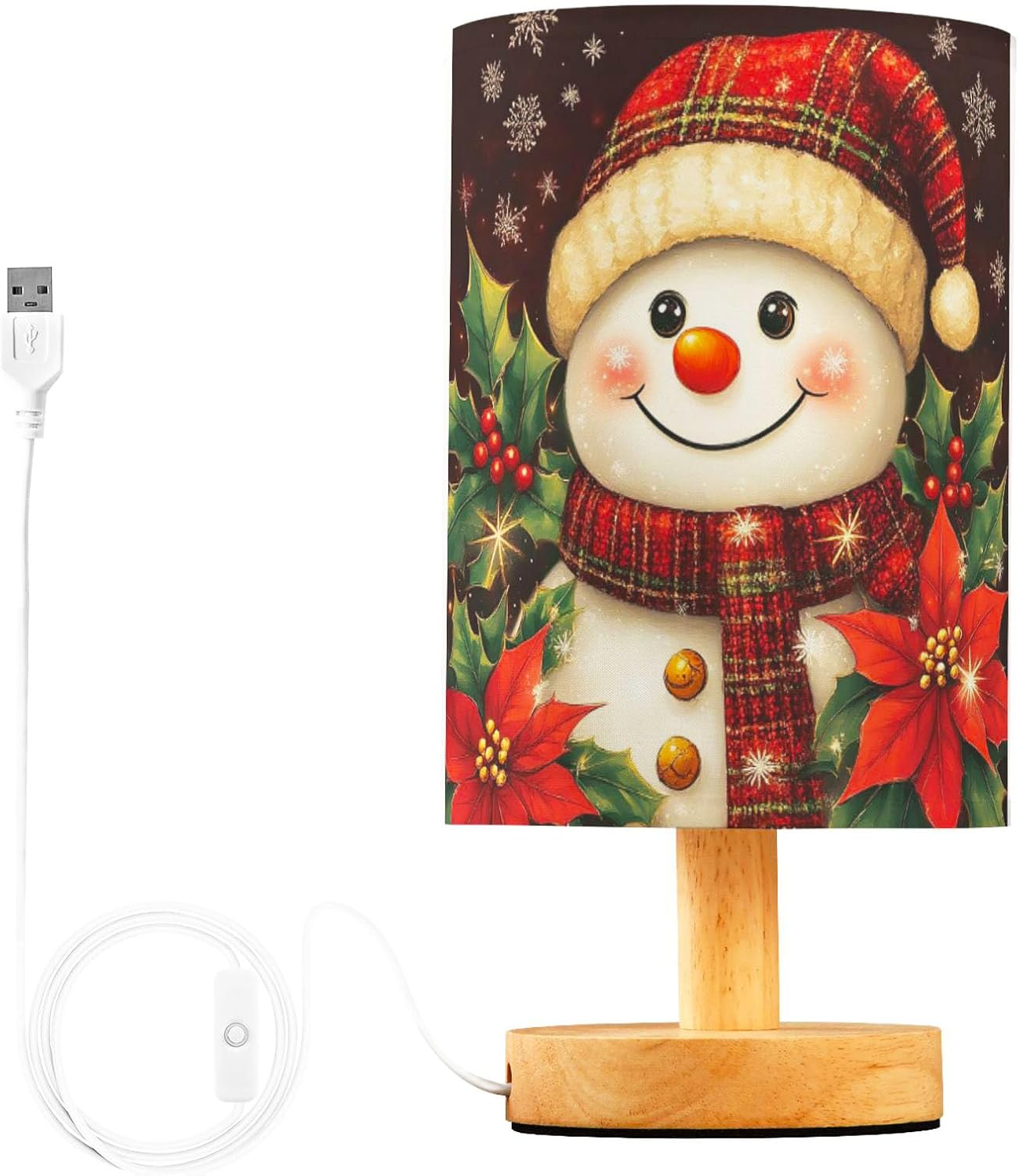 Pfrewn Christmas Winter Table Lamp with USB Port Snowman Snowflake Gifts Blue Silver Bedside Lamps for Nightstand Small Desk Reading Lamp for Kids Room Living Room Office Dorm