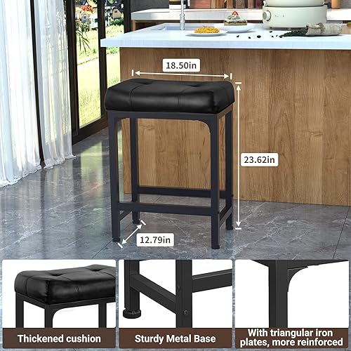 Miniatura 3 de Aheaplus Taburete de bar, taburetes de altura de mostrador de 24 pulgadas, taburetes de cuero sintético con base de metal, cojín grueso, reposapiés,