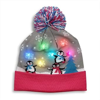 FlashingBlinkyLights Cute Penguins LED Light Up Beanie Hat Knit Cap Multicolor