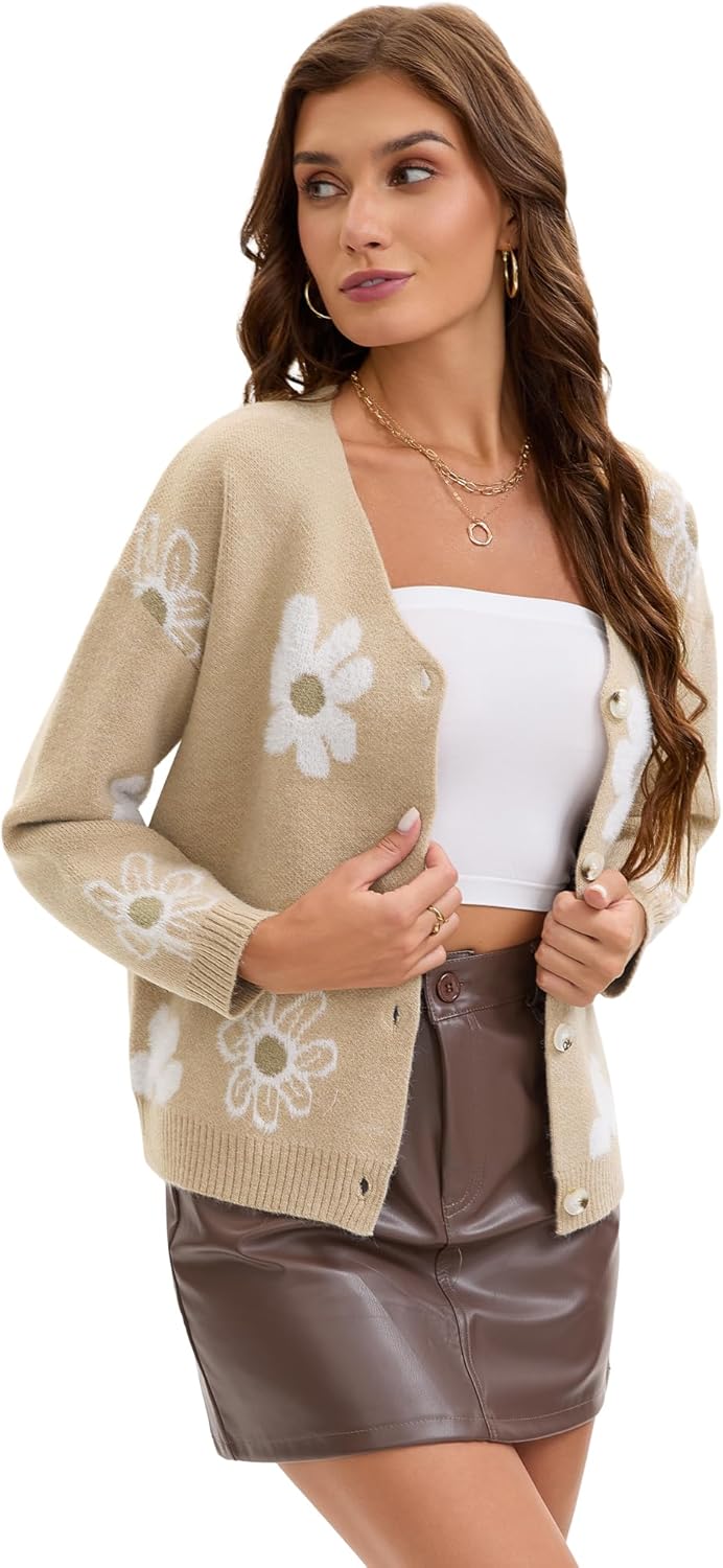 Cardigan Sweaters for Women Button Down Open Front V Neck Floral Print Long Sleeve Knit Outerwear Fall Outfits 2025 - Image 3