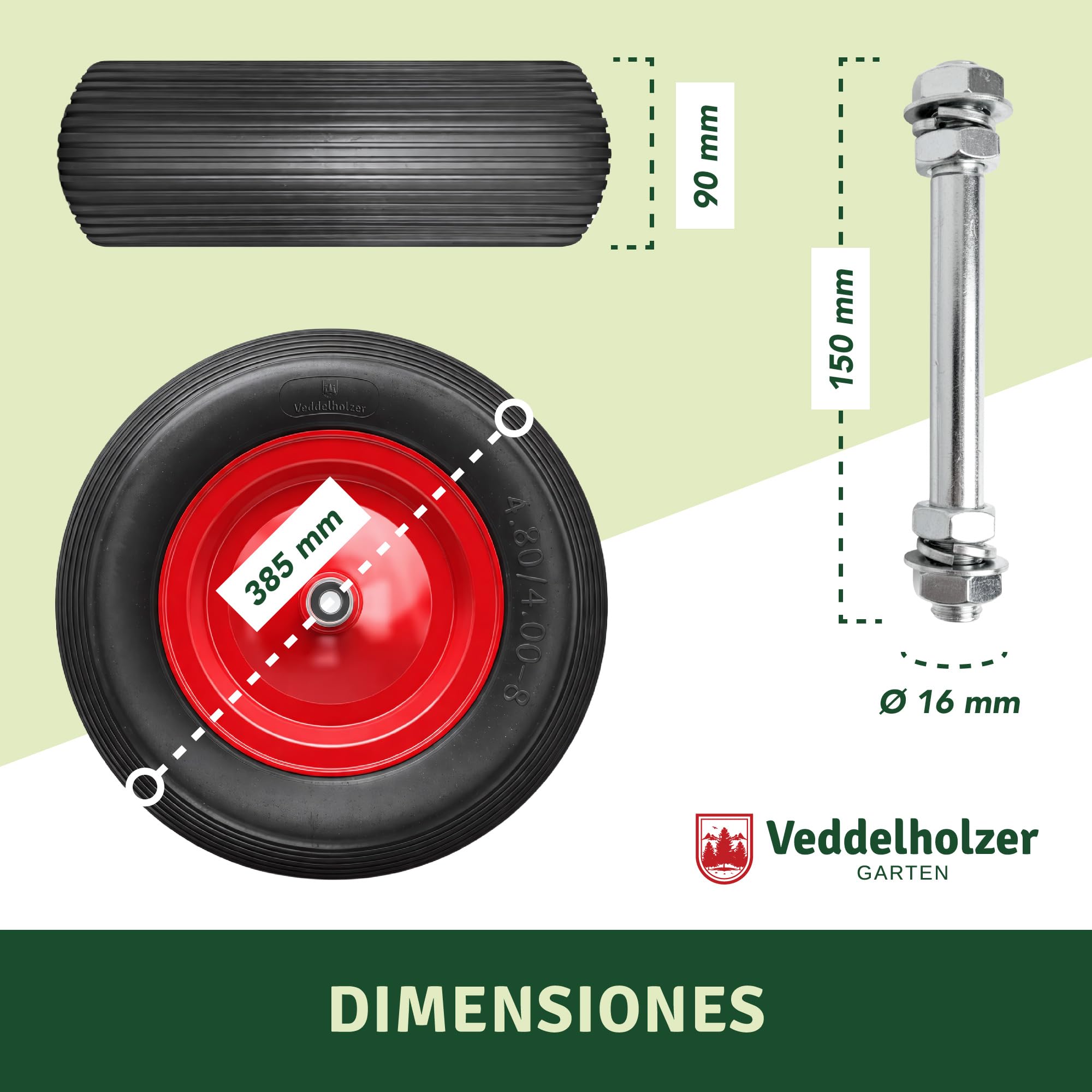 Veddelholzer Rueda de carretilla de goma maciza de poliuretano, 4.80/4.00-8, con llanta de acero de 385 mm de diámetro, incluye eje y montaje, capacidad de carga de 200 kg, poliuretano resistente a
