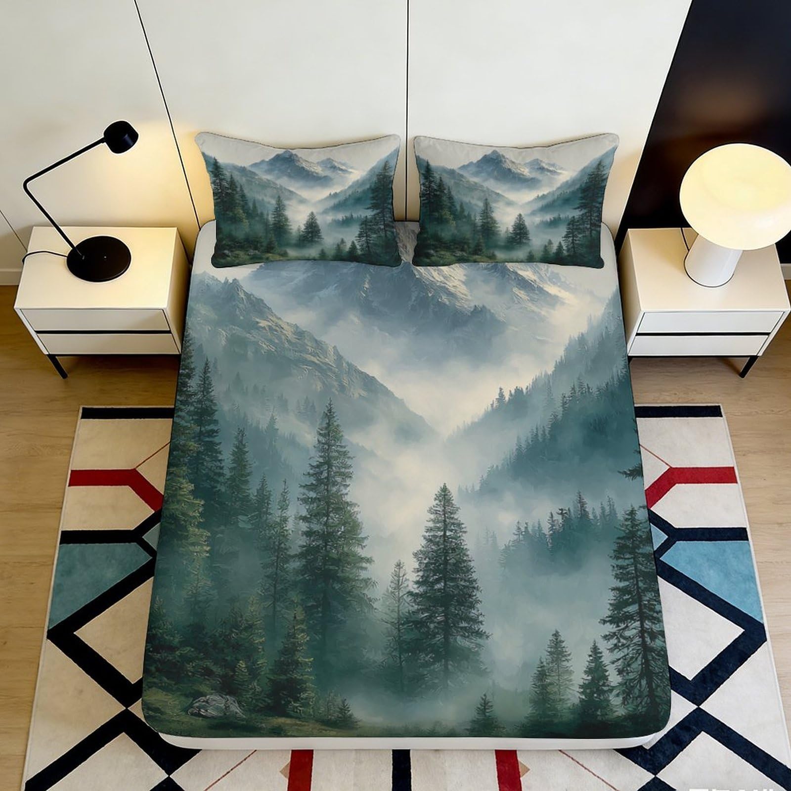 Pnayamiorkfel Style-2 3D Printed Misty Pine Forest Fitted Sheet Microfiber Soft Green Mountain Bed Cover For Bedroom Guest Room Decor 90X200x25cm