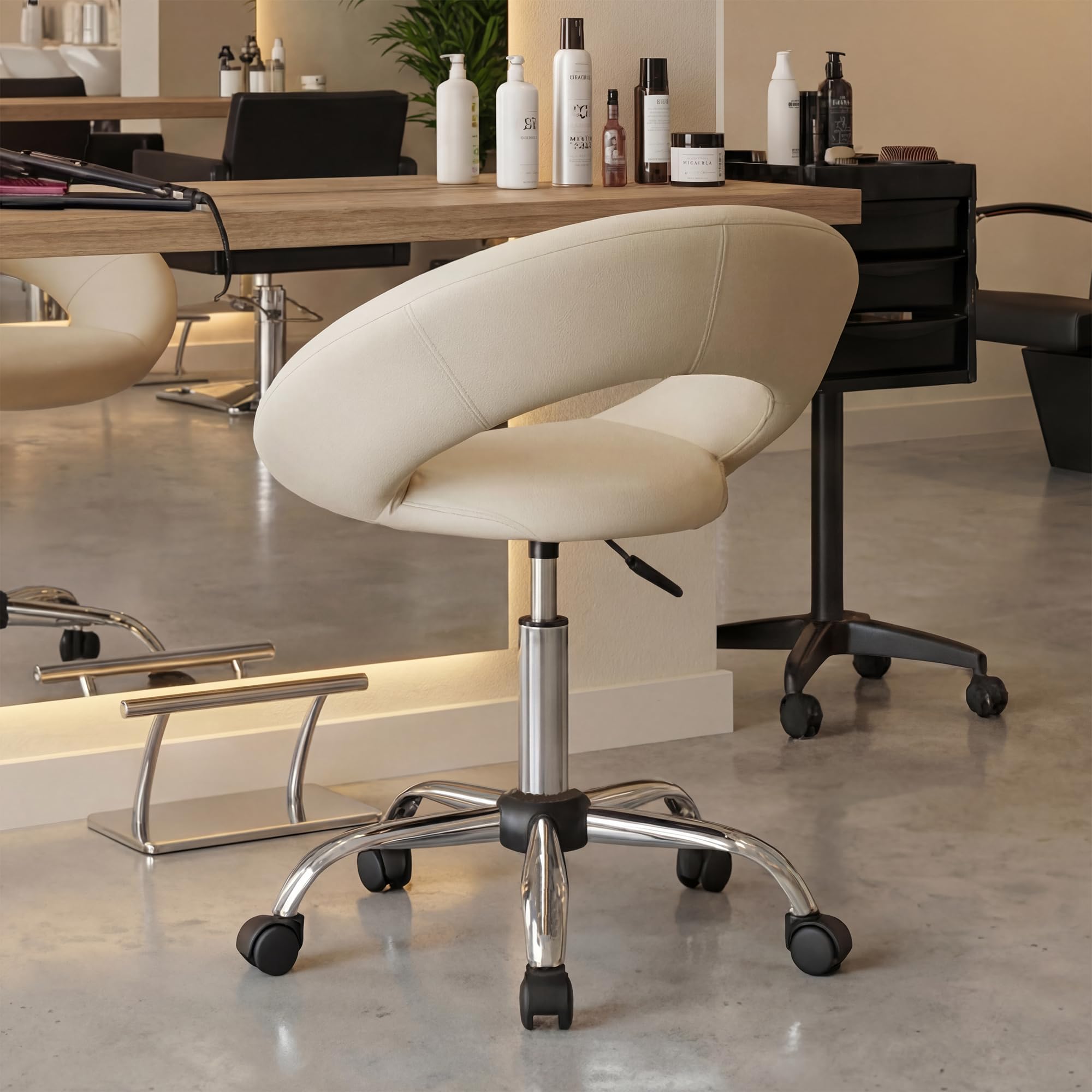 Duhome Drehstuhl mit Rollen, Rollhocker Kunstleder Drehhocker Schminktisch Hocker mit Lehne Arbeitshocker Bürohocker Höhenverstellbar, Creme