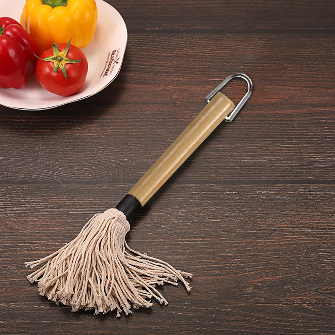 WUSJCOF 1 PCS Grillpinsel BBQ Pinsel Basting Mop Profi Sauce Soßen Marinaden Grillbürste Barbecue mit Holzgriff zum Kochen Braten Grillen (2X Extra Ersatz Köpfe)