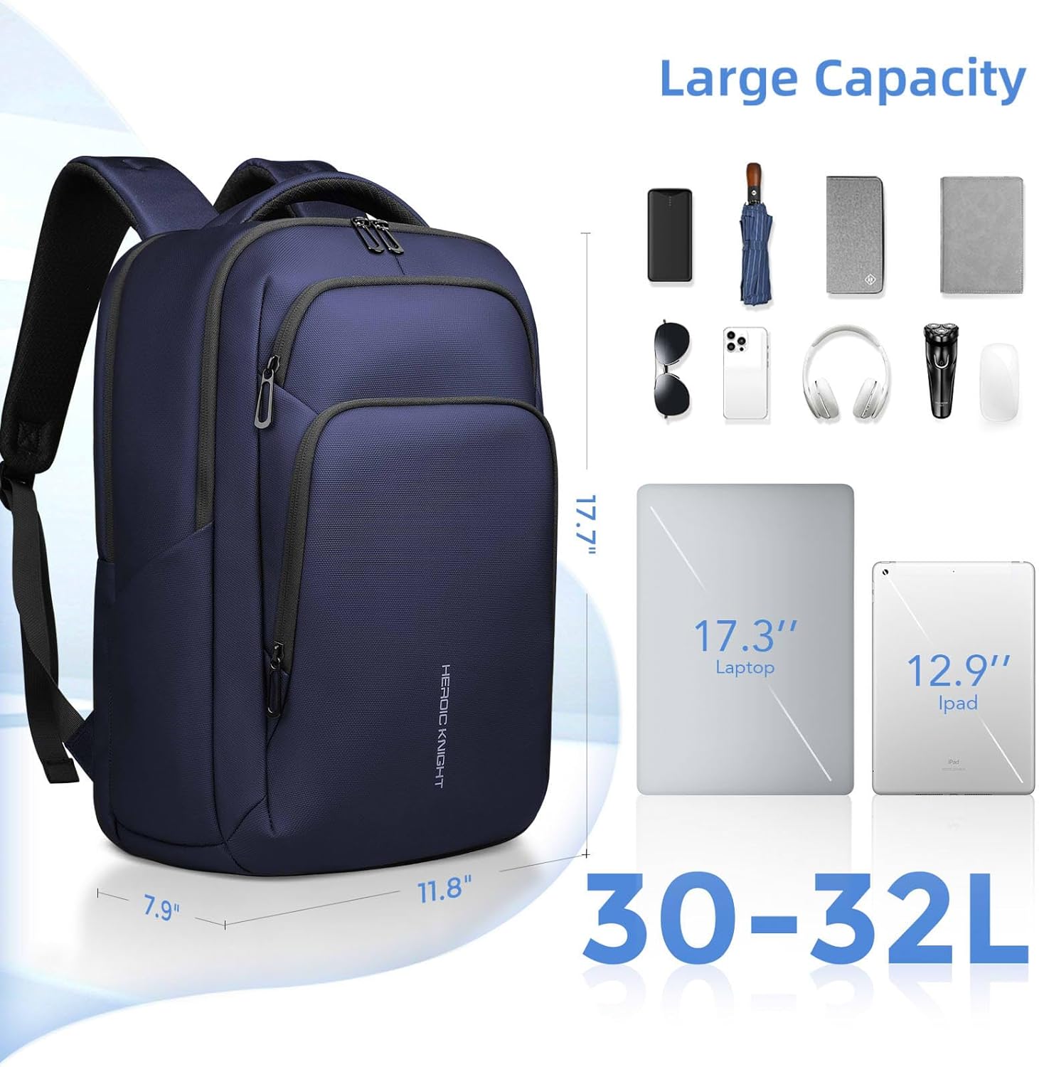 17.3 Inch Laptop Backpack for Travel Work Office College, 30L Water Resistant Casual Daypack, Lightweight Computer Backpack for Men Women, Business Laptop Bag with USB Charging Port - Blue