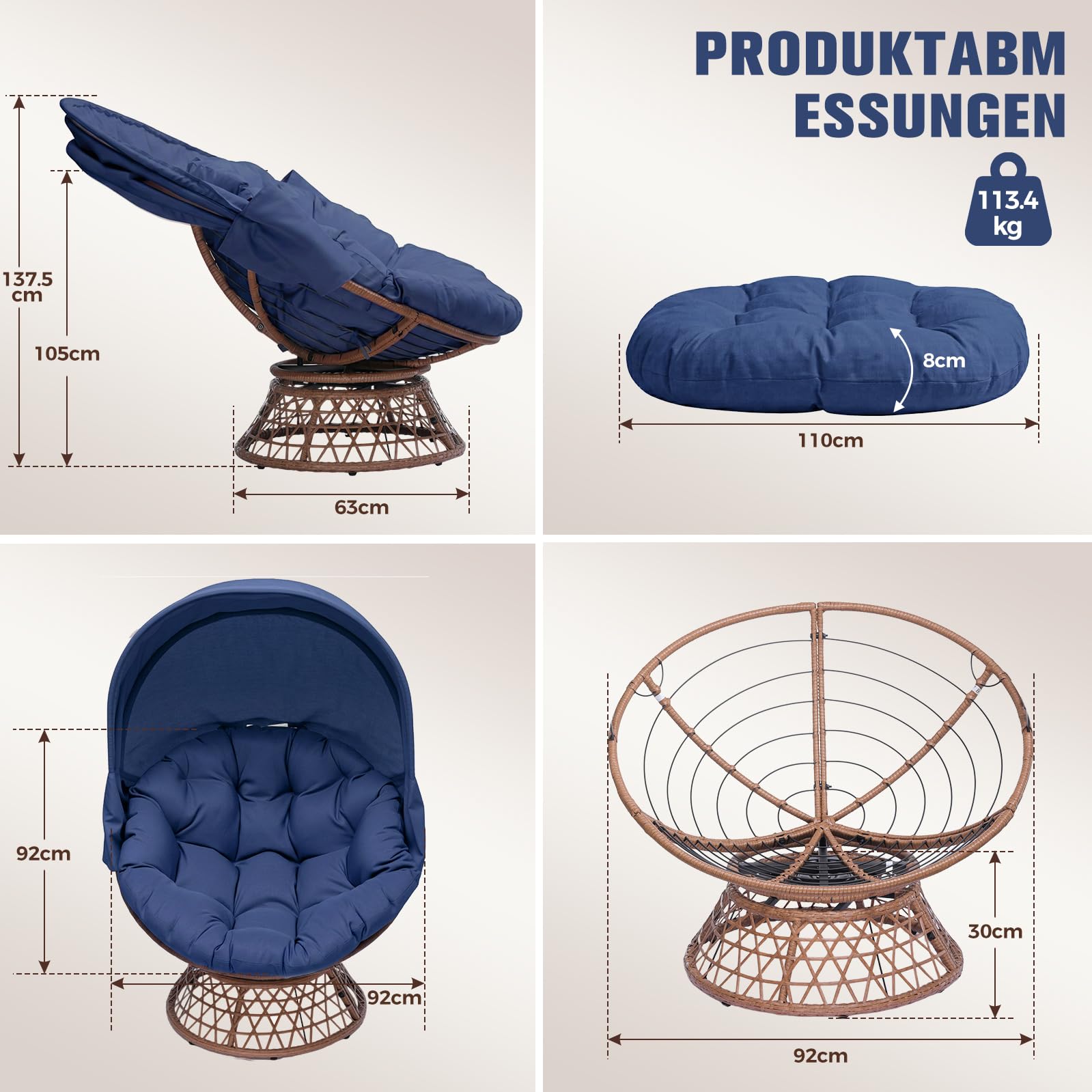 COMHOMA Papasansessel, gemütlicher Drehsessel mit Kissen rund, bequemer Rattansessel, Loungesessel drehbar, runder Relax Korbsessel Rattan für Wohnzimmer, Leseecke, Lounge - BLAU