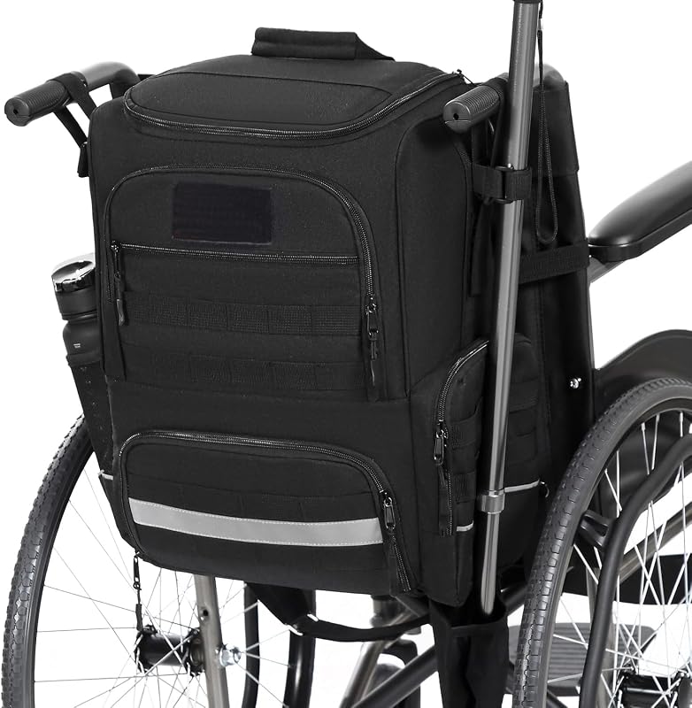 BlesMaller Kerekesszék Táska - Nylon Hátizsák Járókerethez, Hőszigetelt Rekesszel és Mankótartóval, Laptoptárolóval, Éjszakai Fényvisszaverő