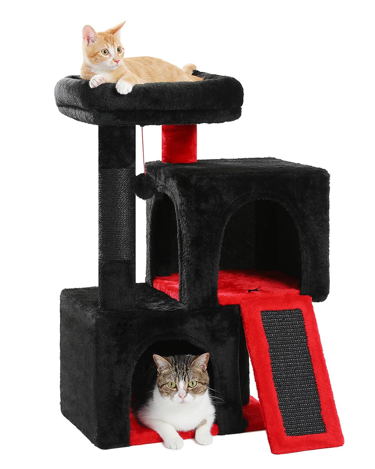 PETEPELA Tiragraffi con Dual Condos per gatti d'appartamento, casetta per gatti all-in-one con seduta imbottita, rampa per graffi e pali e palline intercambiabili, nero