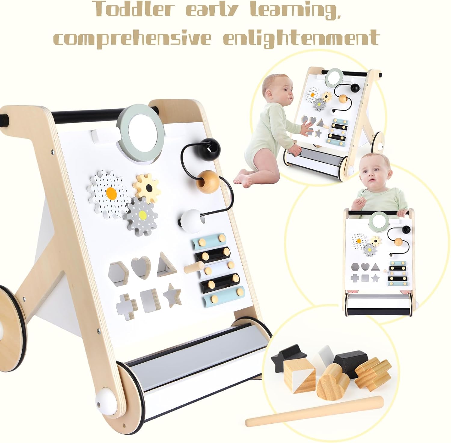 Asweets Wooden Baby Walker, Push and Pull Learning Activity Walker with Roller for Boys and Girls, Stand Learning Toddler Toy (Roller Upgraded)