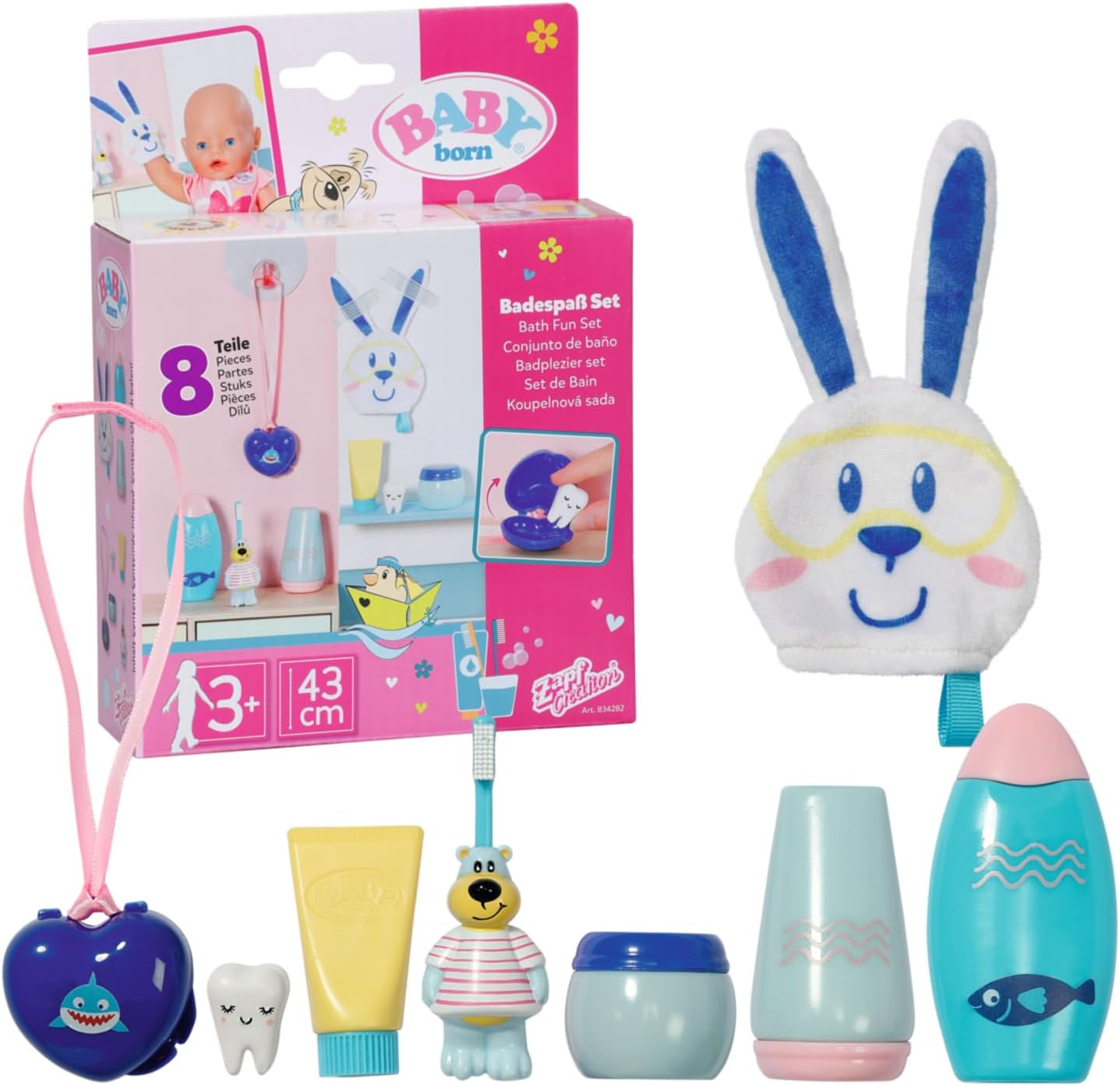 Bath Fun Set 834282 - 8 Accessories for Dolls up to 43cm - Includes Toothbrush, Wash Cloth, Bottles & More! - Suitable for Kids from 3+