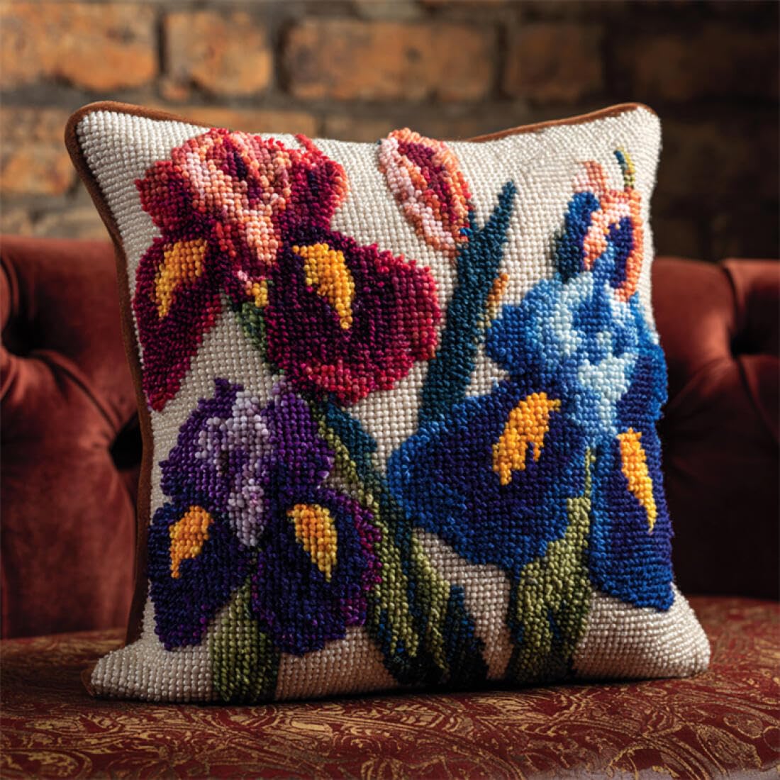 Kitquiver DIY Latch Hook Kit Colorful Iris Cushion Pillow Front Chunky Cross Stitch Kits DIY Embroidery Needlepoint Kit for Home Décor 17x17In
