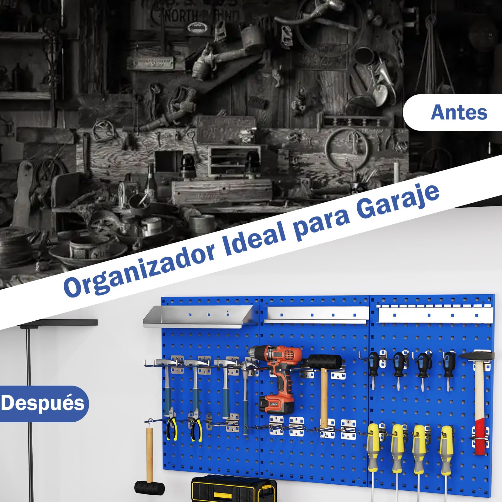 COSTWAY Kit de Organizador de Herramientas para Pared, Kit de Organización de Herramientas con 3 Paneles Perforados y 28 Accesorios para Colgar, Panel de Herramientas con Agujeros para Garaje (Azul)