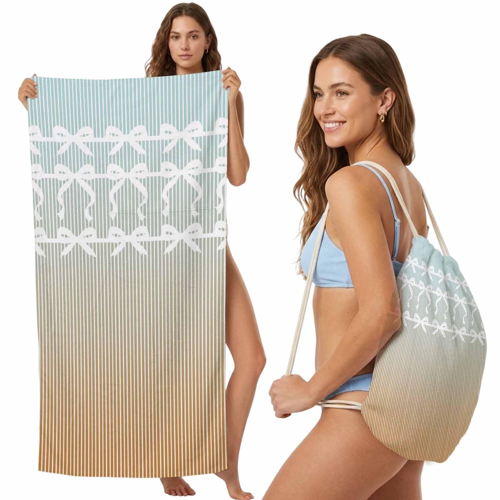 Beach Towel Bag 2 in 1 Ribbon Bows Bath Pool Towels Backpack Teal Orange Pinstripes Graphic Absorbent Beach Towel Soft Quick Dry Lightweight Packable Towels Drawstring Bag for Travel Sports Yoga