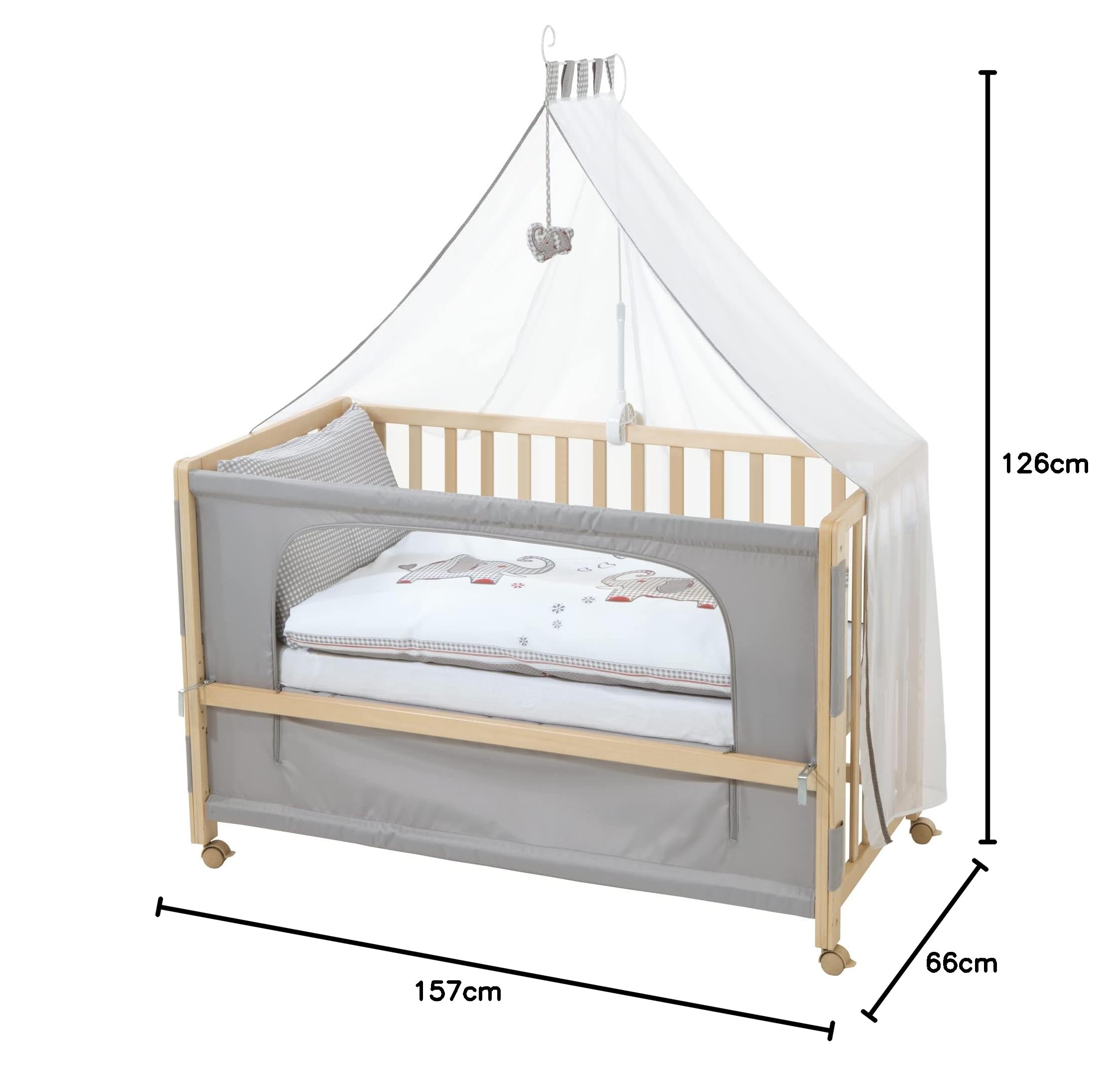 roba Lit Cododo Complet Jumbotwins - 60 x 120 cm - Lit Bébé + Textiles Complets à Motif Éléphants - Matelas, Ciel, Parure de Lit - 4 Roues à Freins - Bois Blanc