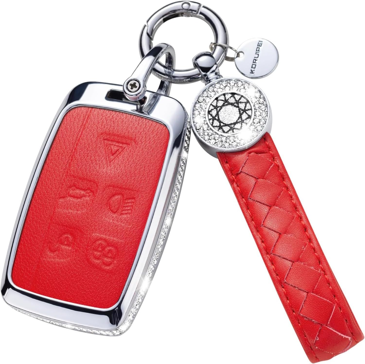 KGAIXN Pink Faux Leather Car Key Fob Cover with Keychain, for Land Rover Discovery Sport Evoque Velar Jaguar F-Pace XE XF F-Type XJ, model1-red, model1-red