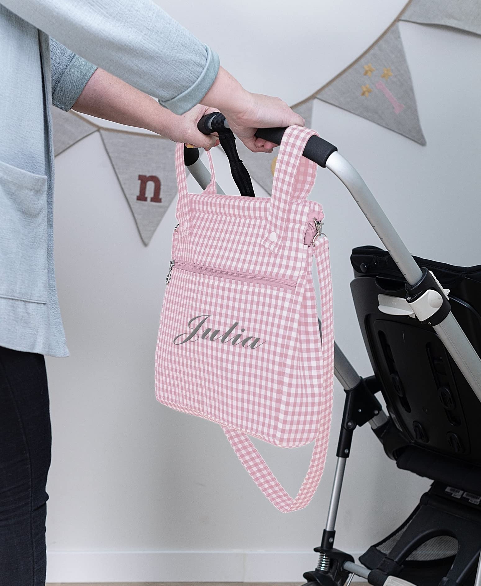 Bolsa panera de algodón vichy personalizada con nombre bordado - Bolso carro - Talega carrito de bebé - Nenel