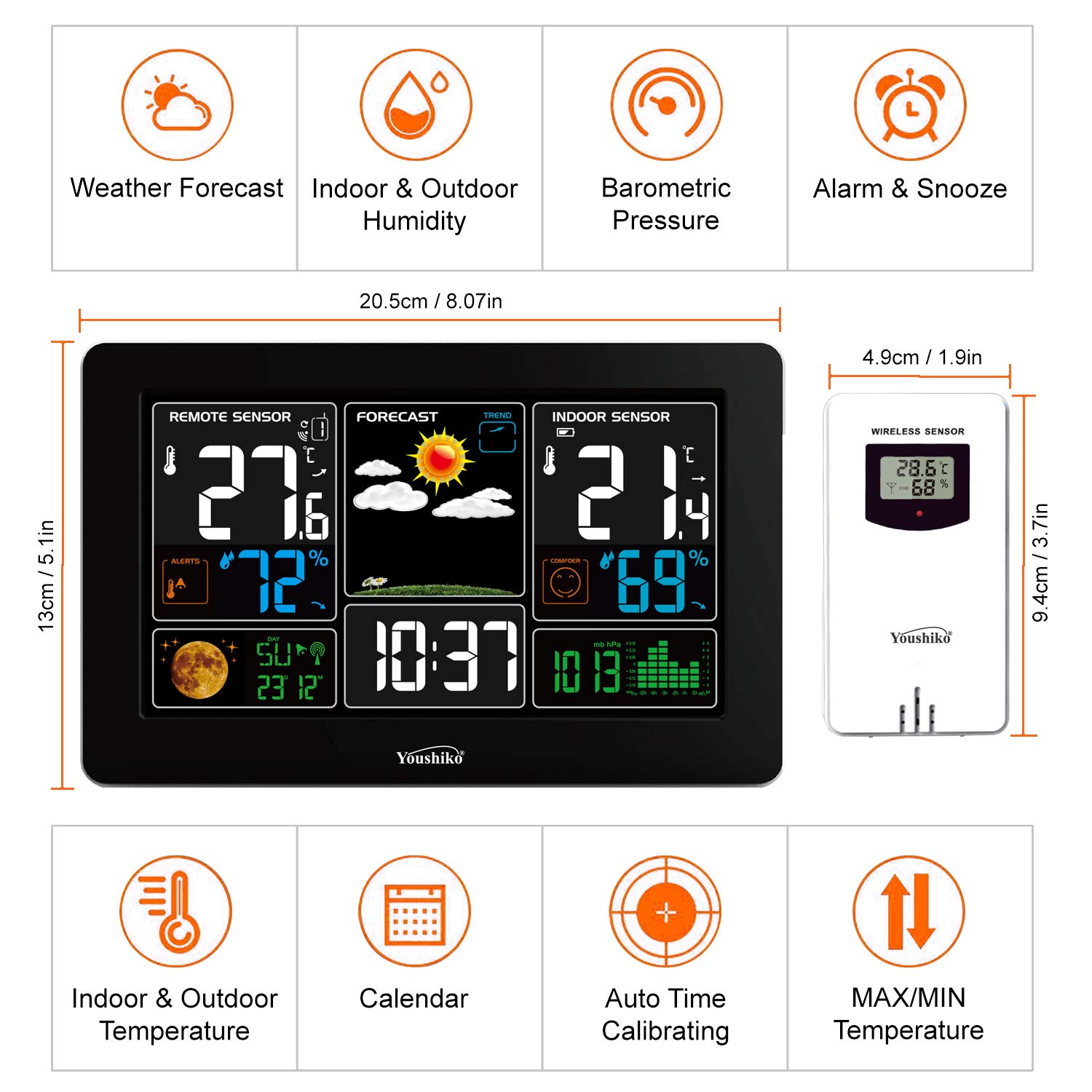 Youshiko YC9441 Weather Station features and dimensions