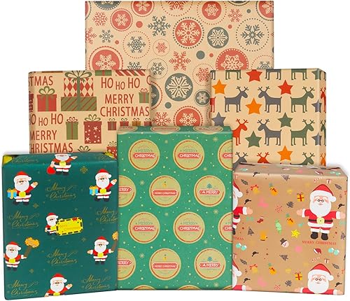 NEPOG Papel de regalo de Navidad, papel de regalo de Navidad, 12 hojas en 6 diseños, plegado plano de 20 x 28 pulgadas por hoja, Papá Noel, ciervo,