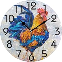 Vista 1 de Naanle Elegante reloj de pared redondo con estampado de gallo colorido, 9.5 pulgadas, funciona con pilas, reloj de escritorio analógico silencioso