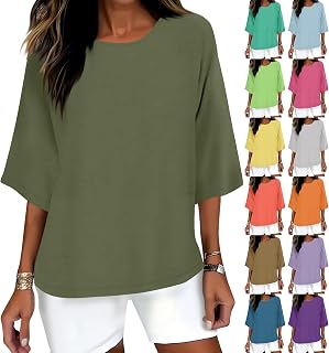 Linen Tops for Women Loose Fit 3/4 Sleeve Gauze Shirts Casual Drop Shoulder Lightweight Three Quarter Blouses