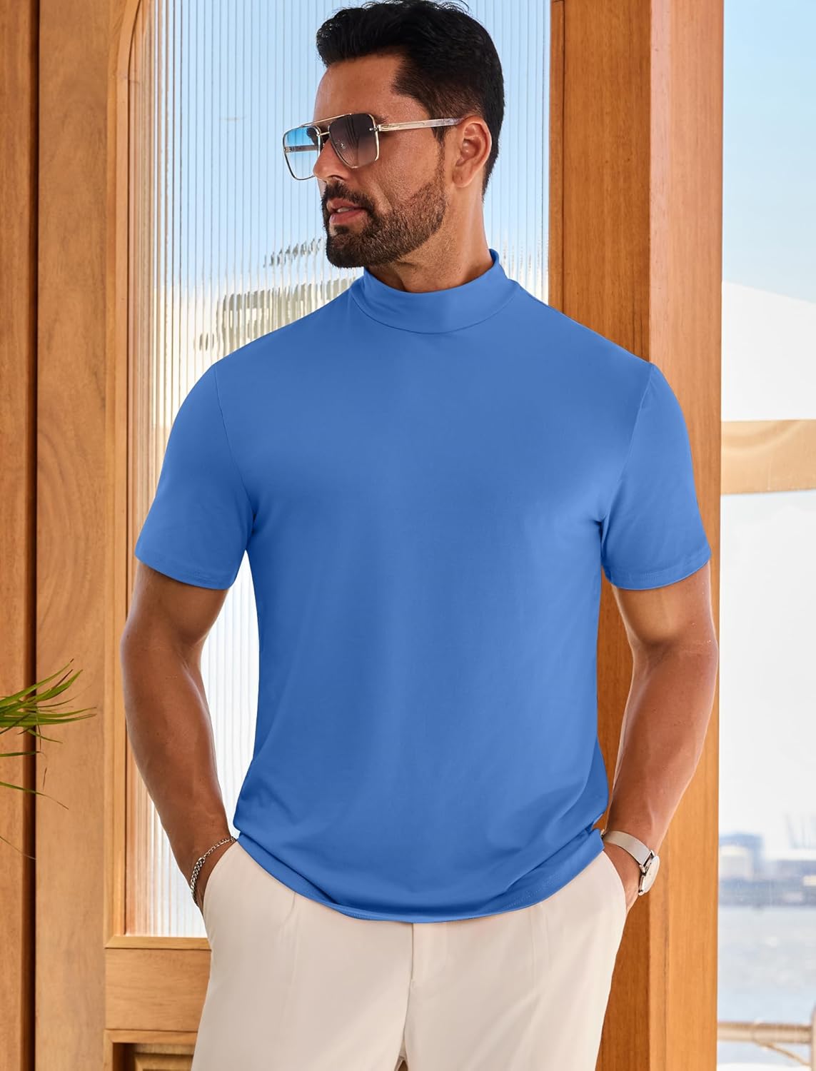 Vssjavun Men's Mock Turtleneck T Shirt Short Sleeve Solid Basic Tee Soft Casual Pullover Top - Image 2