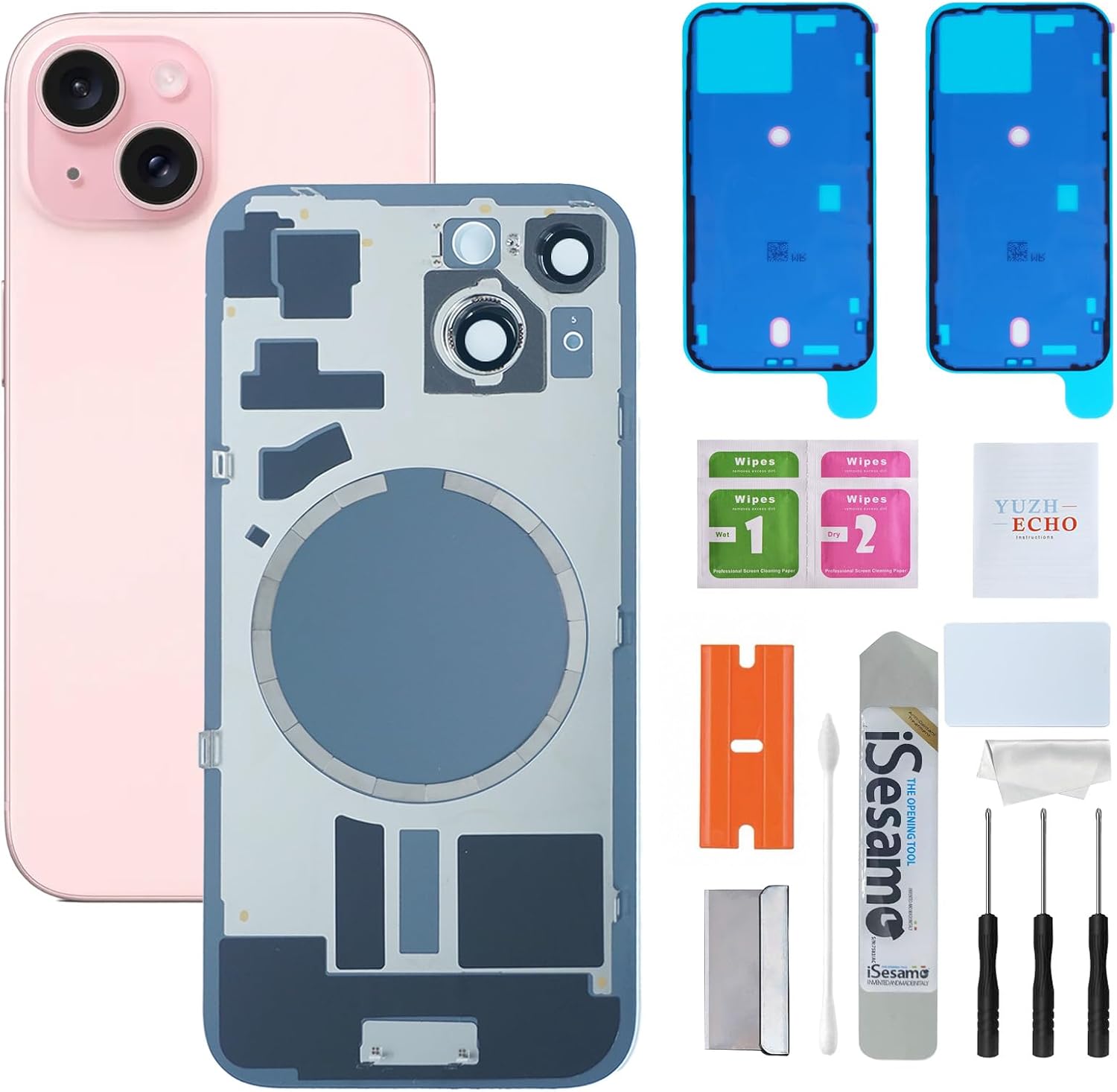 Back Glass Replacement for iPhone 15(6.1 inches,Blue) Integrated Glass & Magnet & Metal Phase Ring Repair Tools are Included