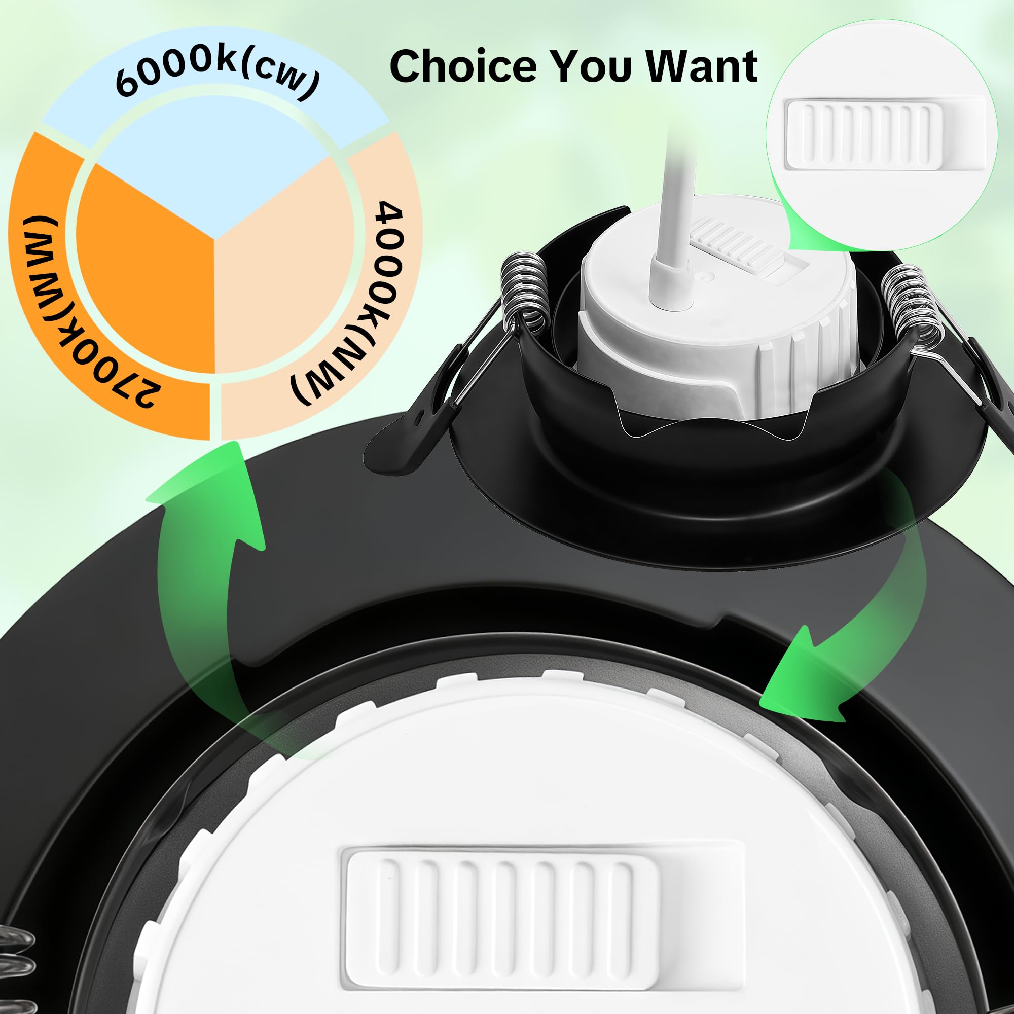 Focos empotrables LED, 230 V, regulables, 6 W, IP44, diámetro 68 mm, giratorios 38°, temperatura de color 3000 K/4000 K/6000 K, para baño, planos, negro, 10er
