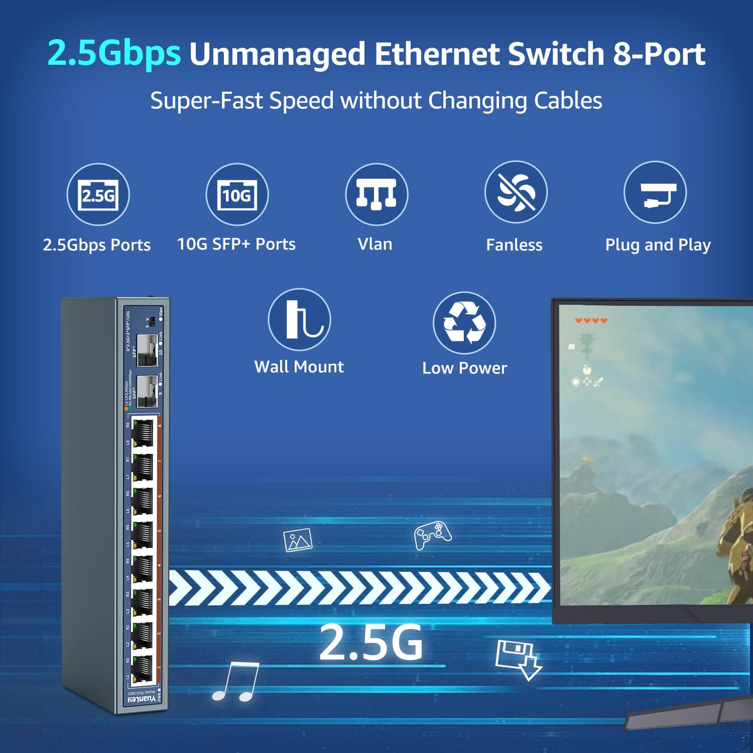 Switch Ethernet No Gestionado de 10 Puertos 2,5G, 8 Puertos 2,5G Base-T, 2 x 10G SFP, Compatible con 100/1000/2500Mbps, Montaje en Parede, Switch de Red YuanLey 2,5Gbe para Ap Inalámbrico, NAS, PC - 3