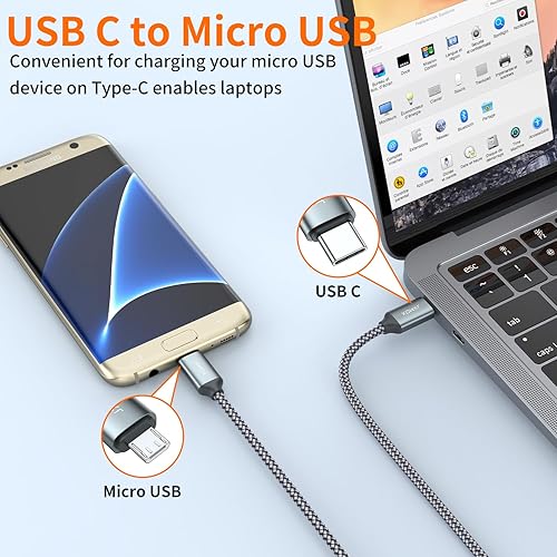 Miniatura 2 de JXMOX Cable USB C a Micro USB, (paquete de 2 unidades de 3.3 pies) tipo C a micro USB, compatible con carga y sincronización compatible con