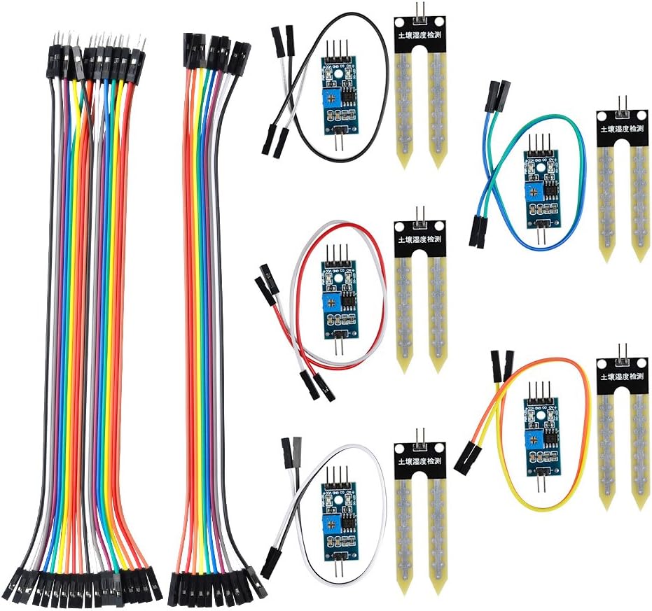 QLOUNI 5pcs Soil Moisture Sensor Module with Dupont Jumper Wires, Hygrometer Humidity Detection Sensor for Arduino, Automatic Watering System Moisture Detection Water Sensor Module