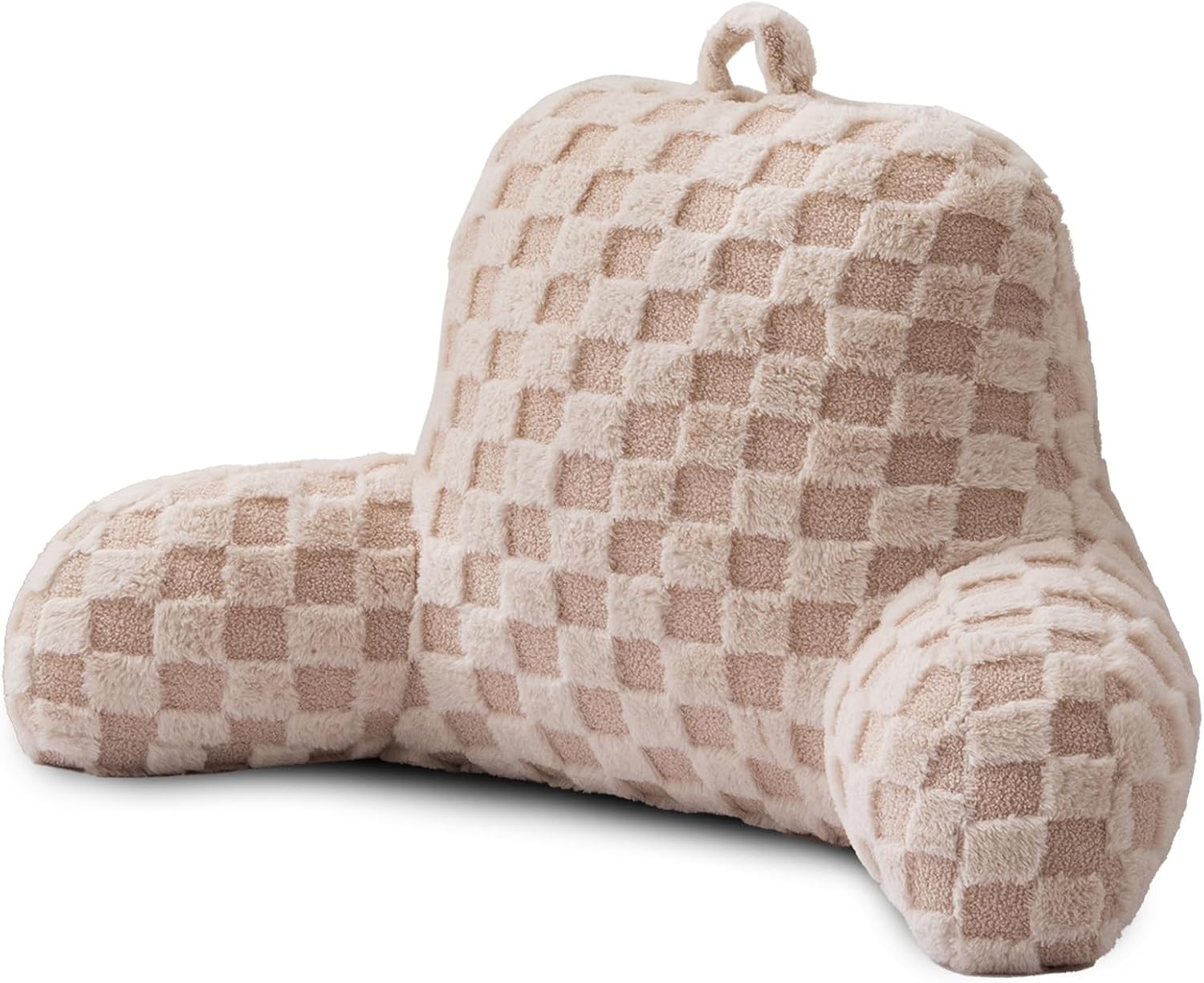 A Nice Night Faux Fur Reading Pillow,Checkered Fluffy Grid Plaid,Bed Wedge Pillow Large Adult Children Backrest with Arms for Bedrest,Beige