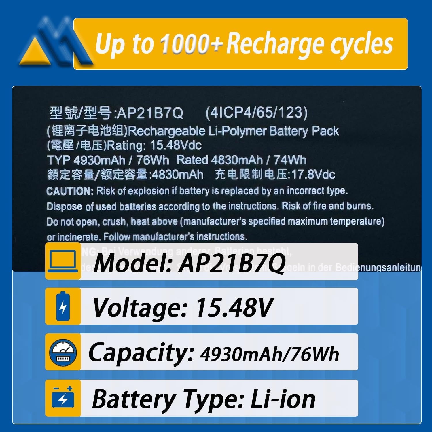 AP21B7Q Laptop Battery Compatible with Acer Predator Triton 300 SE PT314-51S (2022) Swift Edge SFX16-61G Swift X SFX14-71G Series QKT.00407.014 15.48V 4930mAh 76Wh