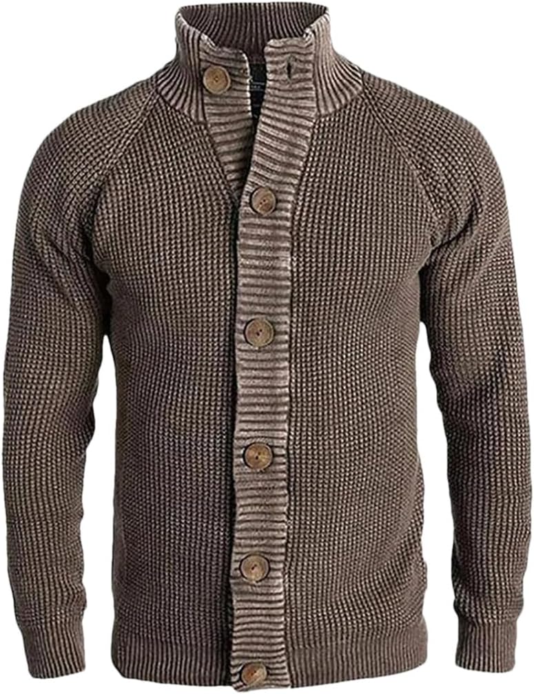 Men's Retro Stand Up Collar Button Wash Design Knitted Cardigan Solid Color Casual Loose Knitted Cardigan Jacket
