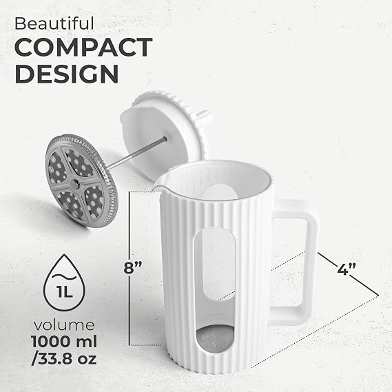 Kaffe French Press Coffee Maker (34oz / 1L) - Borosilicate Glass and BPA-Free Plastic Coffee Press - White - Lightweight Travel & Camping Coffee Maker