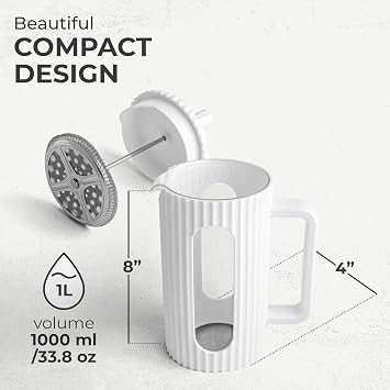 Kaffe French Press Coffee Maker (34oz / 1L) - Borosilicate Glass and BPA-Free Plastic Coffee Press - White - Lightweight Travel & Camping Coffee Maker