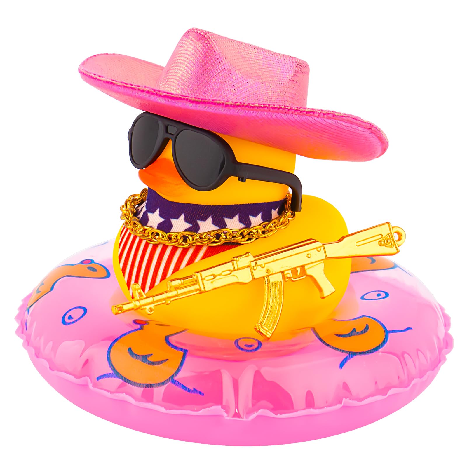 wonuu Car Rubber Duck Party Decoration, Sparkly Glitter Space cowboy hat Duck Car Dashboard Accessories With Mini Swim Ring Scarf and Sunglasses, A_pink scarf sunglasses cowboy hat