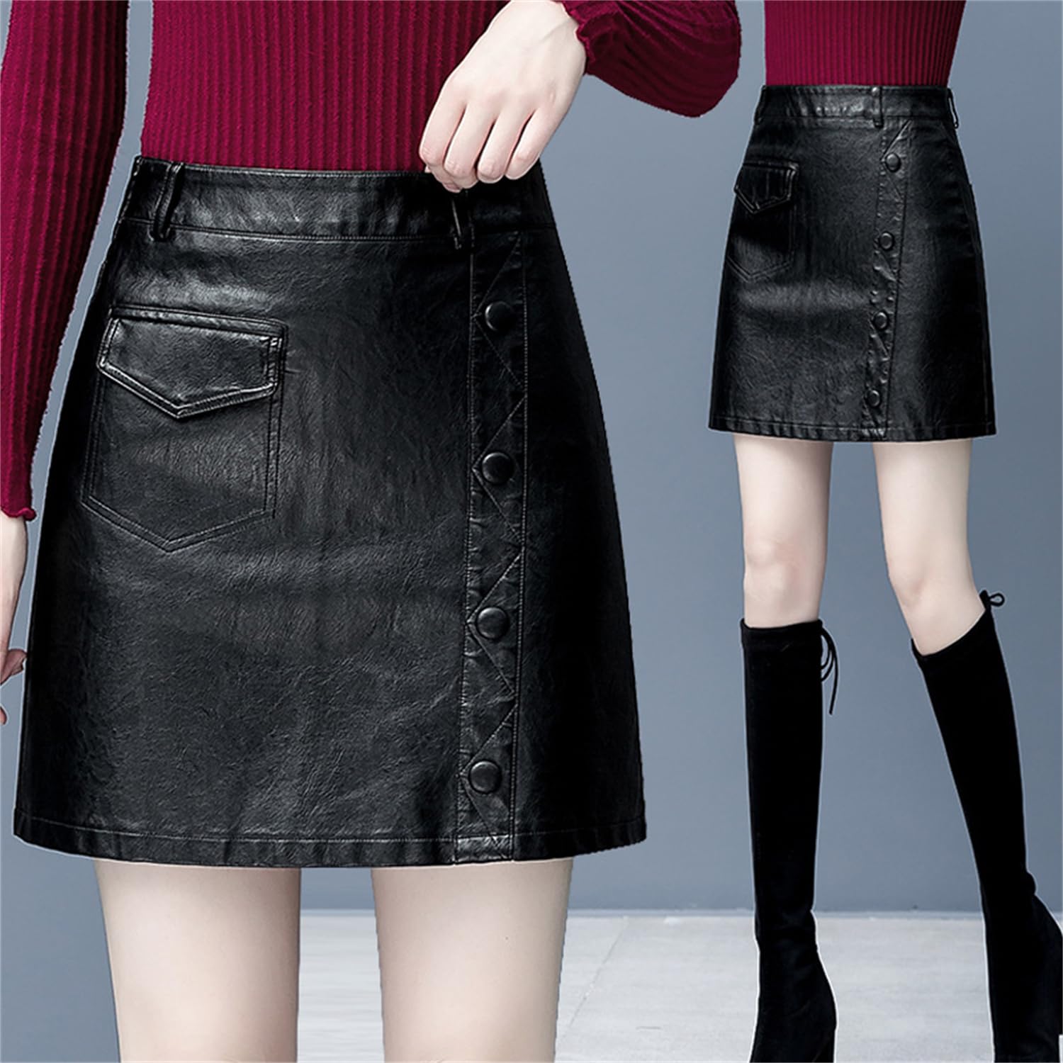 Jupe Simili Cuir Mini A-Line Jupe Cuir Fermeture Éclair Femmes Jupe évasée Plissée Solide Jupes Patineuses Courtes Grande Taille Short Décontracté pour Femme Rétro Bouton