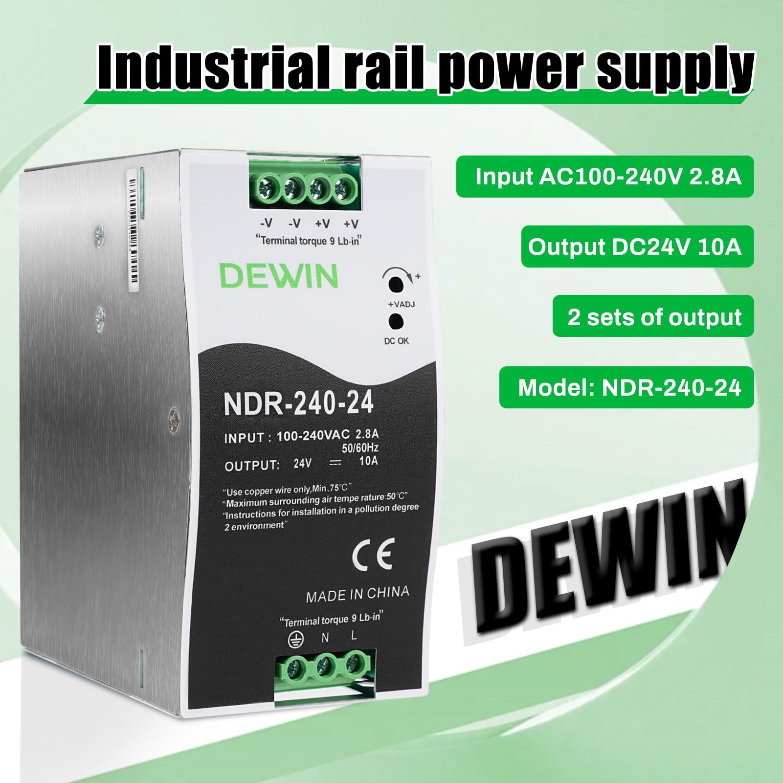 Fuente de alimentación carril DIN 24V 10A 240W transformador din rail Entrada AC100-240V 2.8A salida DC 24V 10A fuente de alimentacion DIN Rail industrial NDR-240-24