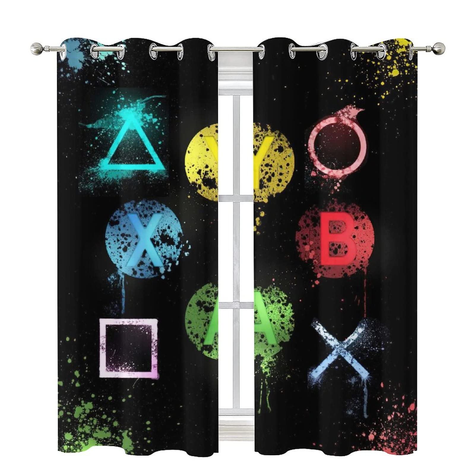 Boys Gaming Watercolor Splash Gamepad Game Buttons Ultra Soft Premier Blackout Curtain for Living Room Extra, Thermal Insulated Bedroom Noise Reducing Patio Door Curtains Grommet Top,55x63inch