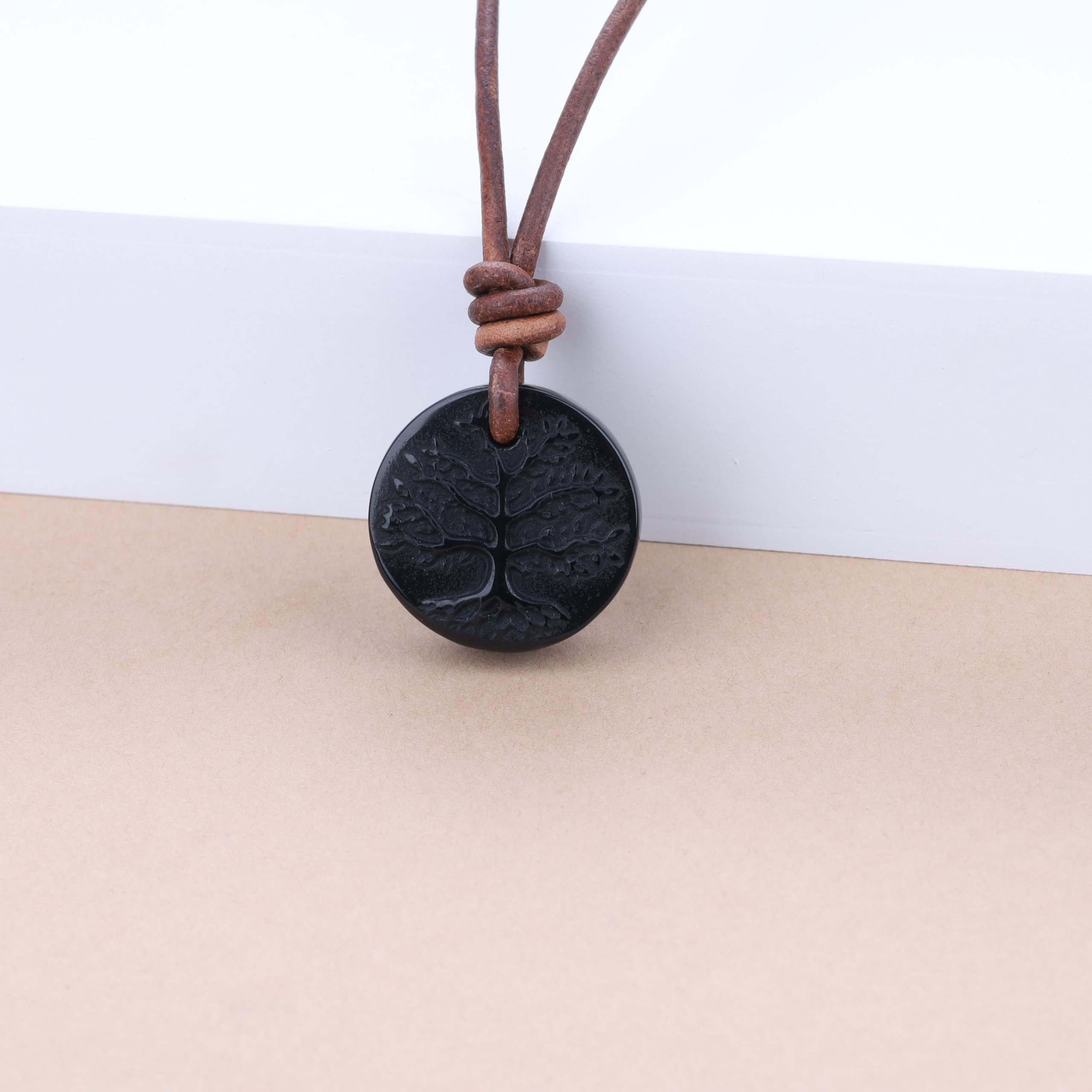 COAI Collier Cuir Homme/Femme, Pendentif Obsidienne Noire, Pendentif Arbre de Vie