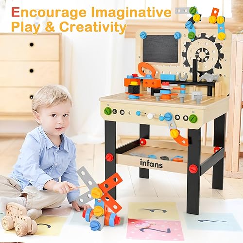 Miniatura 8 de INFANS Juego de banco de herramientas para niños pequeños, banco de trabajo de madera para niños con pizarra, herramientas de construcción y 75