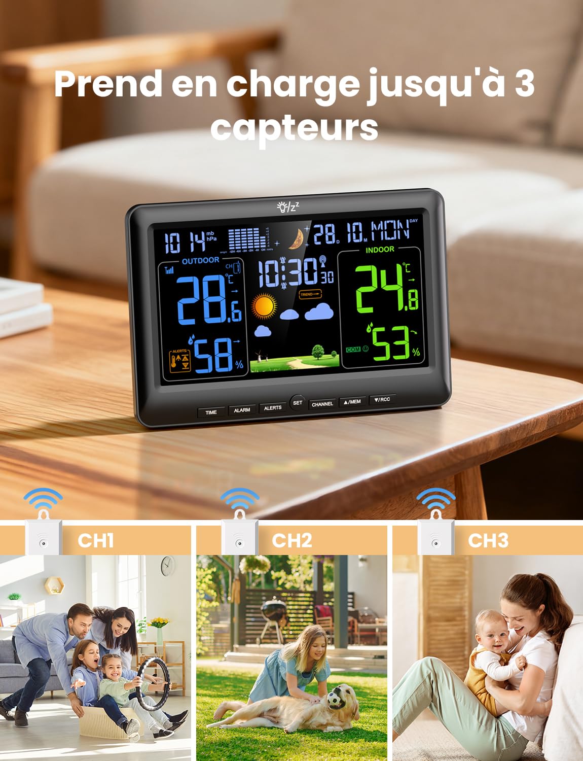 LIORQUE Station Meteo Interieur Exterieur Sans Fil, Thermometre Hygrometre avec capteurs, LCD, Rétro-éclairage, Portée de Transmission sans Fil de 100m, pour Terrasse, Jardin, Cave