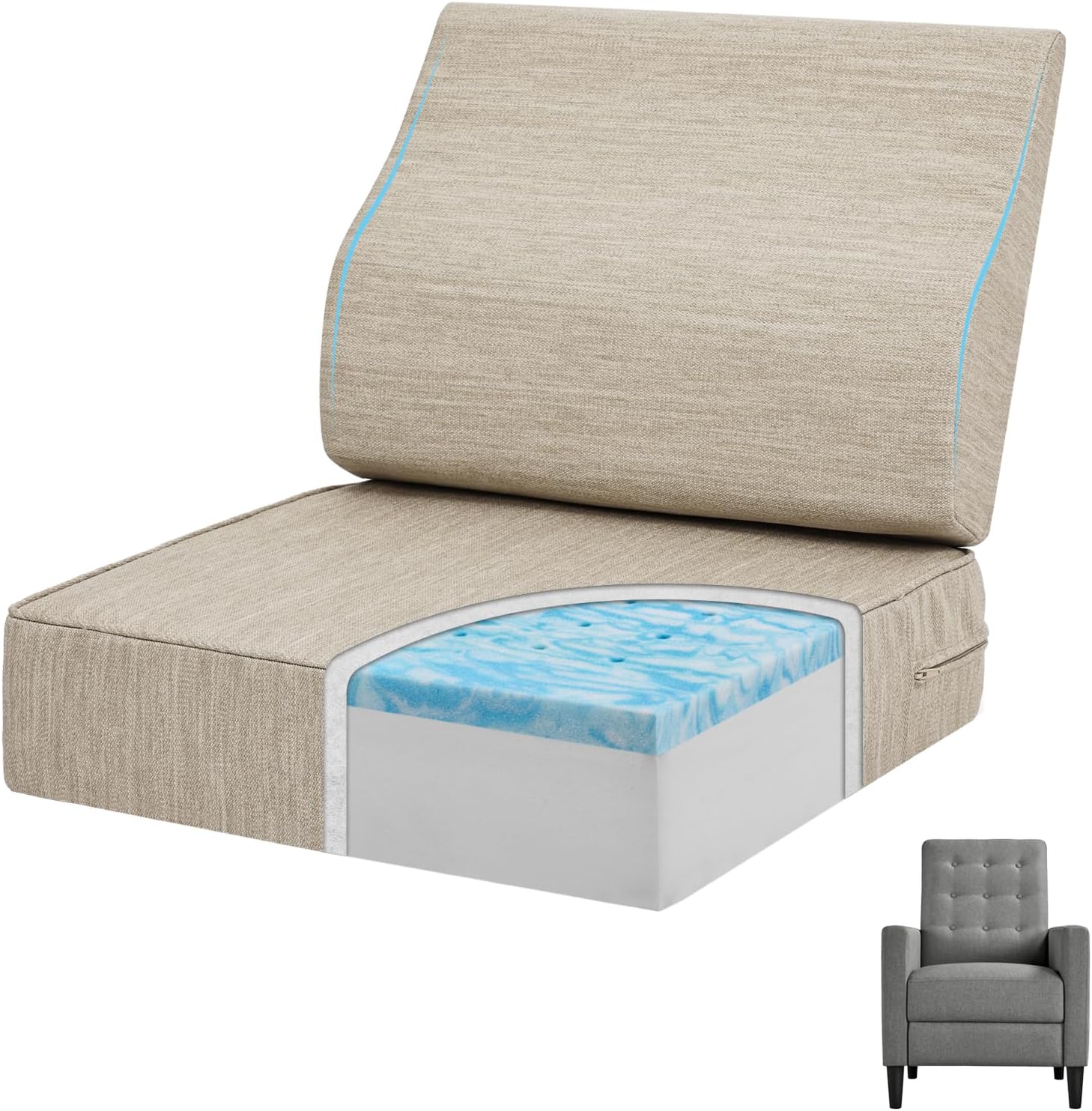 baibu Gel Memory Foam Recliner Cushions with Lumbar Support Pillow for Elderly, 20x20x5 Inch Thick Dual-Layer Patent Design Non-Slip Seat Cushion for Recliner Chair for Reduce Hip & Lumbar Pain, Beige