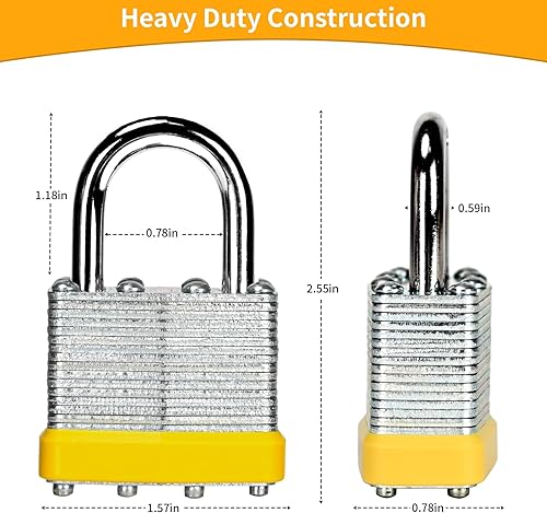Miniatura 2 de LQYN Candado laminado con llave (1-916 pulgadas, 1.575 in), cerraduras iguales con llave, aro amarillo, grillete normal, paquete de 2, cerradura