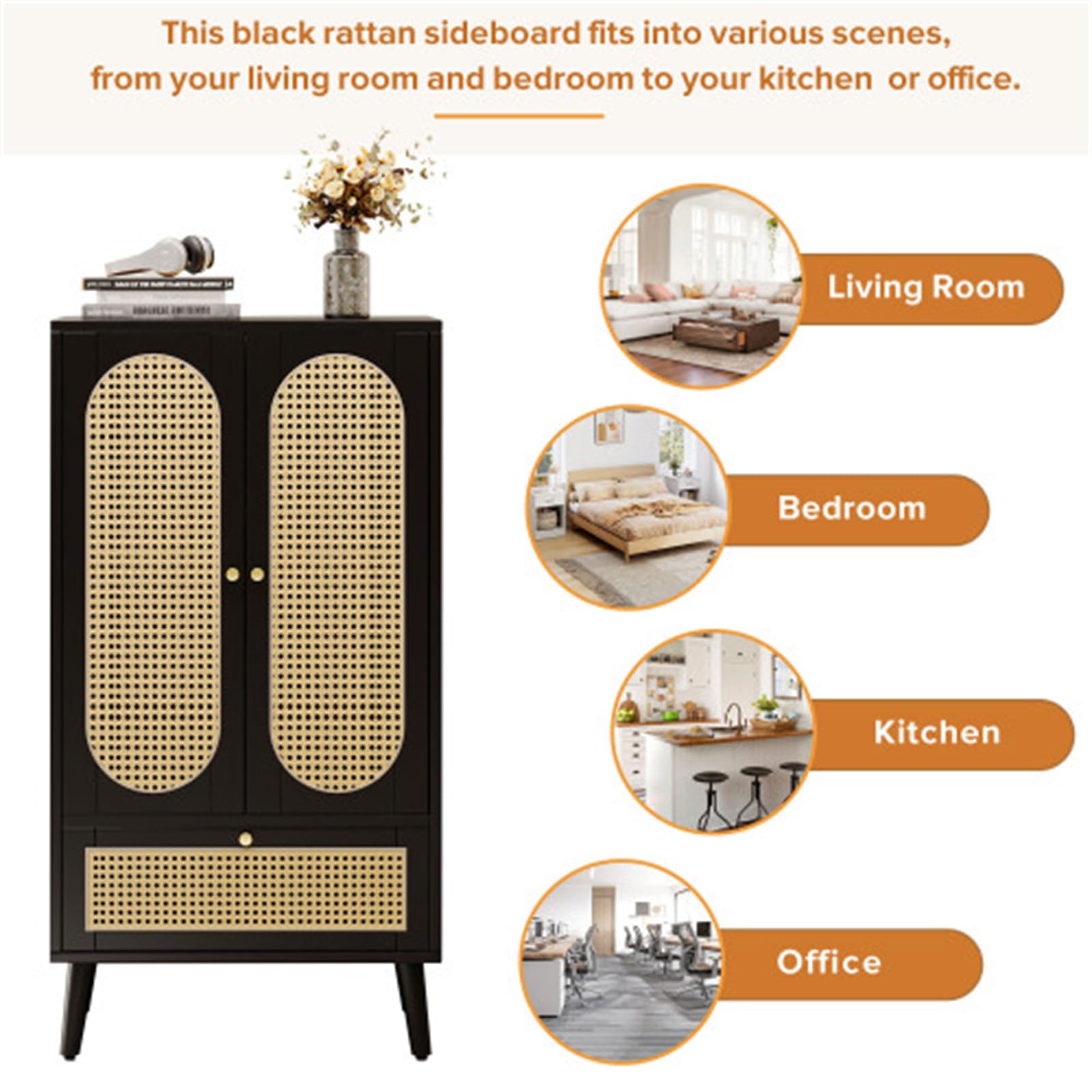Credenza in Rattan Nero, Piccolo Mini Mobile da Ingresso, Mobile Verticale con più Vani Portaoggetti, Adatto per Soggiorno, Camera da Letto, Corridoio