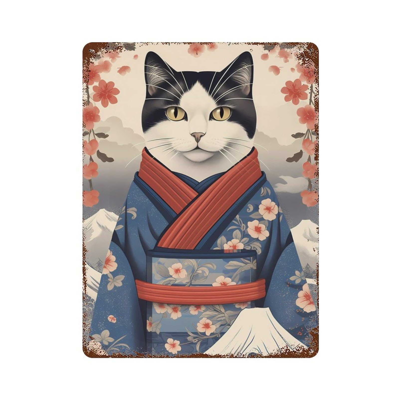 Japanese Cat 4 15.7"x11.8" Distressed Metal Wall Sign, Shabby Chic Decor for Office, Studio And Wall Decor