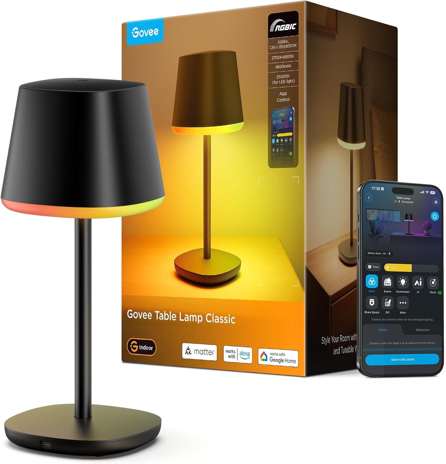Govee Smart Cordless Table Lamp Classic, RGBIC Rechargeable Table Lamp for Bedroom, Living Room, Portable Desk Lamp Works with Matter, Alexa, LED Bedside Lamp with 72 Scenes Modes, Timer, 500lm