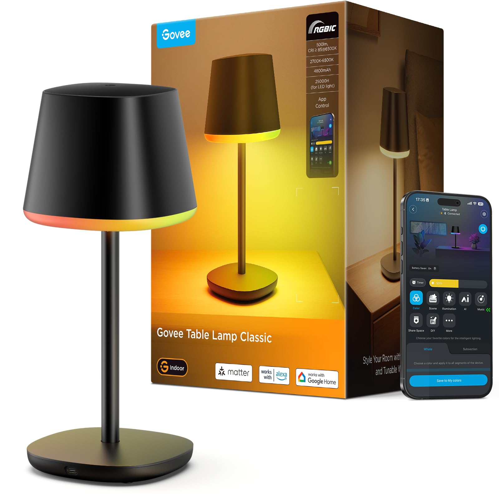 Govee Smart Cordless Table Lamp Classic, RGBIC Rechargeable Table Lamp for Bedroom, Living Room, Portable Desk Lamp Works with Matter, Alexa, LED Bedside Lamp with 72 Scenes Modes, Timer, 500lm - 1