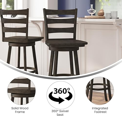 Miniatura 4 de Flash Furniture Liesel - Taburete de bar clásico de grado comercial, marco de madera maciza de nogal lavado gris, altura de barra, asiento giratorio